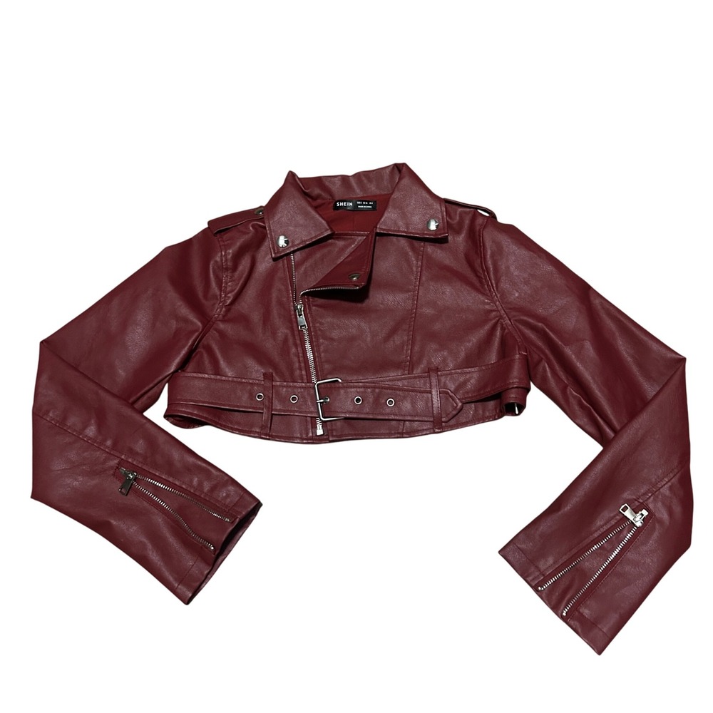 Burgundy Faux Leather‎ Cropped Moto SHEIN Jacket